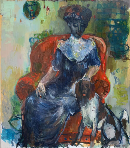 "kvinde i rød stol, i selskab med hund"